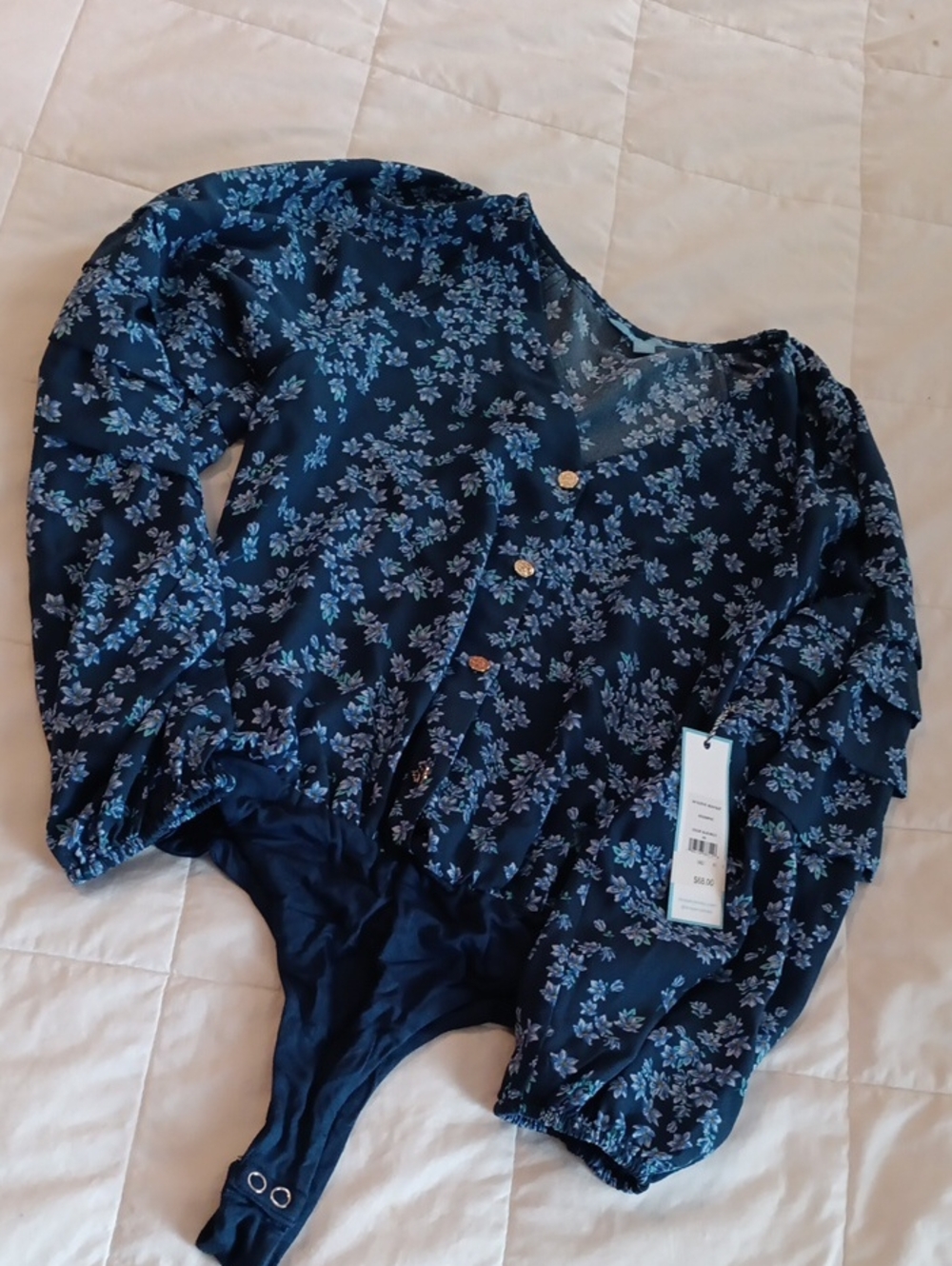 Draper James Navy Floral Puff-Sleeve Bodysuit